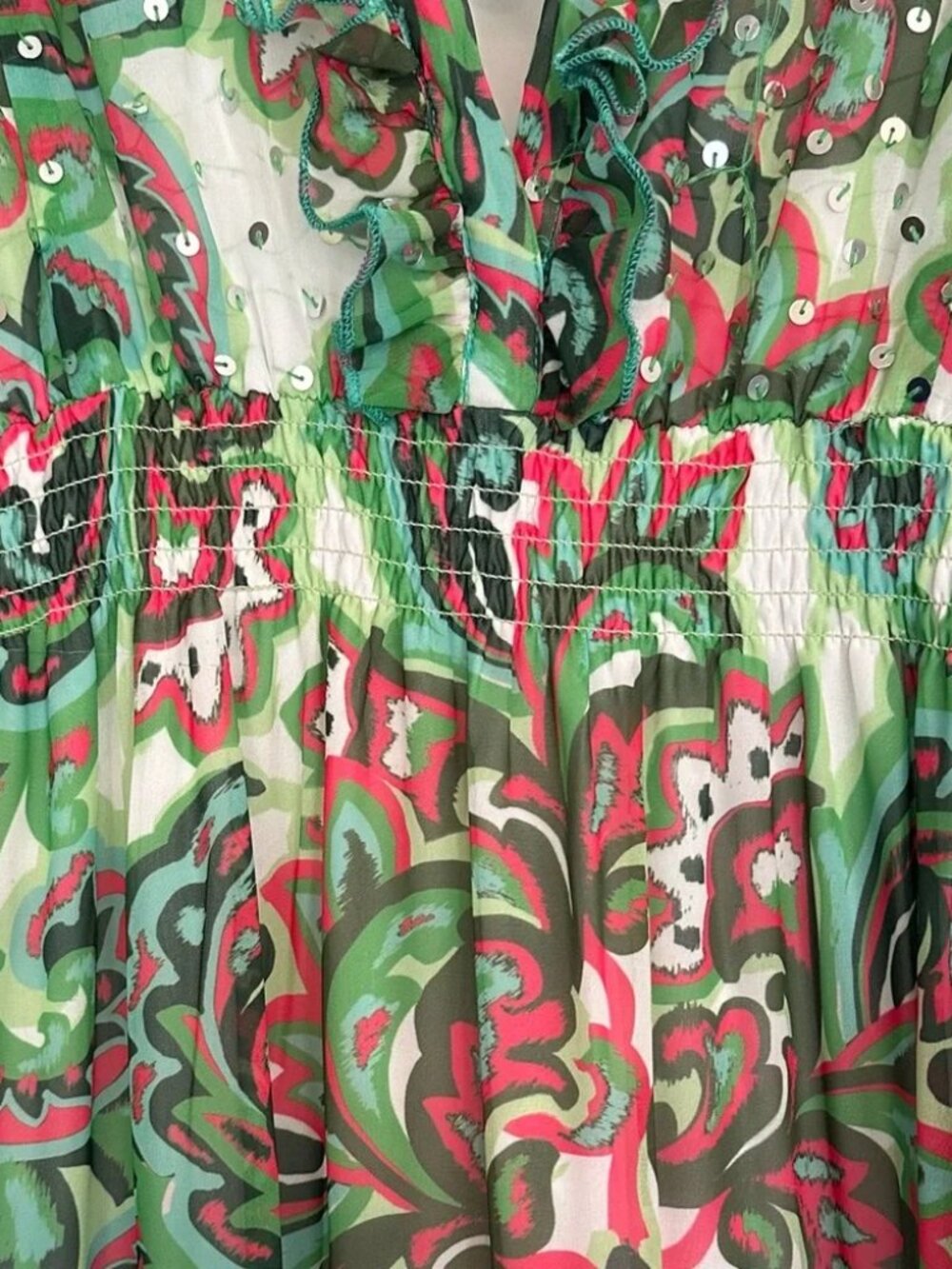 Boston Proper Palma De Scrolls Print Ruffle Tiered Maxi Dress Sequin Large NWT - Picture 4 of 8
